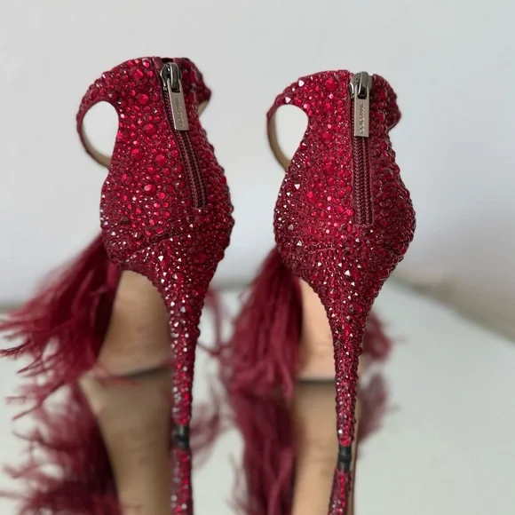 New Jimmy Choo VIOLA 110 Suede Crystal Sandals Red Ostrich Feather Tassel - Picture 9 of 17